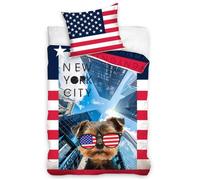 Chien Yorkshire A New York Parure de lit Housse de Couette réversible 100% Coton 140x200 cm + taie d'oreiller 70x90 cm