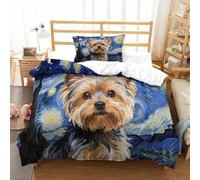 Chien Yorkshire | Peinture à l'Huile Style Ensemble Literie Microfibre Imprimée Housse de Couette Hôtelière Et Taies, Fermeture Éclair Cachée, Durable & Doux, Pour Adultes & Enfants Single（135x200cm）