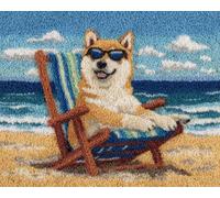Chiens Animaux Kit Tufting Complet Shiba Inu Sur Une Chaise De Plage Kit De Crochet À Faire Soi-Même，Ensemble De Broderie，Fabrication De Tapis，Kits De Toile，Travaux D'Aiguille，Artisanat 35x46in