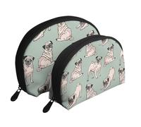 Chiens Carlin Assis, Trousse de Maquillage Coquille Femme Petit Porte-Monnaie Trousse de Toilette Trousse à cosmétiques 2 pièces