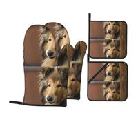 Chiens Collie à Poil Long, Gros Chiens Duveteux, Animaux de Compagnie,Gants de Cuisine antidérapants et maniques (Lot de 4), résistants à la Chaleur.