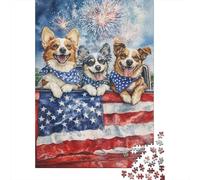 Chiens Corgi Célébration Puzzle 1000 Pièces Papier pour Adultes Nuit Feux d’Artifice Jeu de Puzzle en Famille Focus Décor Détente Cadeau 70x50cm/1000pcs