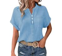 Chiffon Haut Femme Chic Et Elegant Coton Lin Oversize Chemises Manche Courte Ete Grande Taille Vetement Femme Ete T Shirt Col V Tunique Imprimé Haut Basiques Chemise Mes Commandes(Ciel Bleu,XXL)