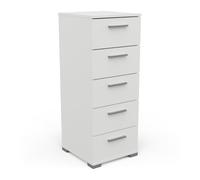 Chiffonnier 5 Tiroirs En Bois Simple & Intemporel - Coloris Blanc Mat & Finitions Grises - 40 x 102 x 42 cm