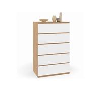 IDMarket - Chiffonnier 5 tiroirs TOMI 60 cm Commode semainier Bois façon hêtre et Blanc