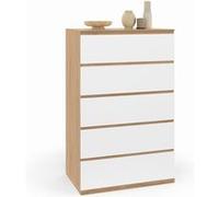 IDMarket Chiffonnier semainier TOMI 5 tiroirs 60 cm bois façon hêtre et blanc