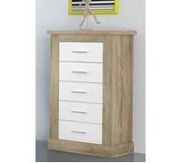 Chiffonnier avec 5 tiroirs coloris Chêne cambrian, blanc - Longueur 66 x profondeur 39,6 x hauteur 107 cm