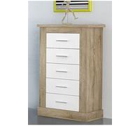 Chiffonnier avec 5 tiroirs coloris Chene cambrian, blanc - Longueur 66 x profondeur 39,6 x hauteur 107 cm --