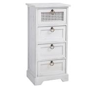 IDIMEX Chiffonnier Irma Petite Commode avec 4 tiroirs, en Bois de Paulownia Blanc Style Shabby Chic Vintage bohême avec déco en rotin