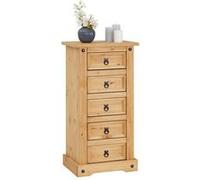 Chiffonnier SALSA commode en bois style mexicain avec 5 tiroirs, en pin massif finition teintée/cirée Naturel G
