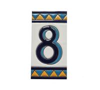 Chiffres de maison en céramique, lettres et cadres, motif espagnol orange et bleu, dimensions du carreau : 11 cm H x 6 cm, taille du cadre : 2 à 13 carreaux (numéro 8)