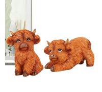 Chiffres de vache des Highlands - Statues de vache Highland, Little Highland Cow Bookshelf Ornament mis en place par 2 | Harz Animal Statue Decor Shelf Paley salon Chambre Figurine pour déco