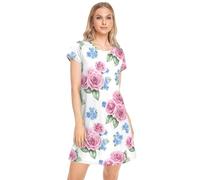 CHIFIGNO Chemise de nuit à manches courtes pour femme, pyjama d'été pour femme, chemise de nuit, Fleurs Bleues Roses Roses, X-Large