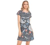 CHIFIGNO Chemise de nuit à manches courtes pour femme - Robe d'été pour femme, Jolies baleines étoiles de mer gris, XL