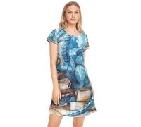 CHIFIGNO Chemise de nuit confortable à manches courtes pour femme, Aquarelle Blue Dragon, M