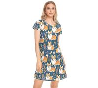 CHIFIGNO Chemise de nuit douce imprimée pour femme - Chemise de nuit confortable pour femme, Feuilles de fleurs sauvages pour chiens mignons - 1, XX-Large