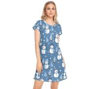 CHIFIGNO Chemise de nuit douce pour femme, robe de nuit décontractée pour femme, Bonhomme de neige mignon et flocons de neige bleu, M