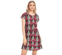 CHIFIGNO Chemise de nuit douce pour femme, robe de nuit décontractée pour femme, Carreaux de sapin de Noël camion rouge, L