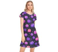 CHIFIGNO Chemise de nuit imprimée à manches courtes pour femme, robe pyjama décontractée, Étoiles citrouilles violettes, Medium