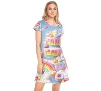 CHIFIGNO Chemise de nuit pour femme, chemise de nuit à manches courtes, chemise de nuit décontractée pour femme, Gâteau de bonbons arc-en-ciel coloré de dessin animé-2, Medium