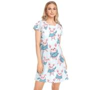 CHIFIGNO Chemises de nuit pour femmes, chemises de nuit douces, vêtements de détente, chemises de nuit mignonnes pour femmes, Cochons roses mignons avec écharpes bleues, L
