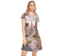 CHIFIGNO Garden Path - Robe de nuit pour femme - Imprimé - Manches courtes - Robe de nuit d'été pour femme, Chemin de jardin, M