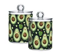 CHIFIGNO Lot de 2 pots d'apothicaire en plastique transparent pour boules de coton, cotons-tiges, fil dentaire, éponges de maquillage, pince à cheveux - Vert - Motif avocats mignons avec cœurs - 283,5