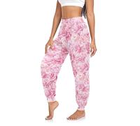CHIFIGNO Pantalon de survêtement hippie pour femme, pantalon sarouel, pantalon décontracté taille haute pour femme, Roses pivoines pastel, Taille S