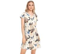 CHIFIGNO Robe de nuit à manches courtes pour femme - Imprimé - Jolie robe de nuit, Aquarelle Papillons bleus mignons chats, XX-Large