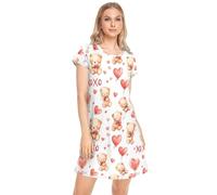 CHIFIGNO Robe de nuit à manches courtes pour femme - Imprimé - Jolie robe de nuit, Ballons rouges en forme de cœur avec ours aquarelle, Medium
