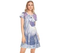 CHIFIGNO Robe de nuit pour femme à manches courtes imprimée - Jolie robe de nuit pour femme, Licorne blanche violette nuit-2 1, X-Large