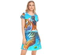 CHIFIGNO Robe de soirée pour femme, manches courtes, imprimée, chemise de nuit d'été pour femme, Tigre chat poisson bleu, XXL