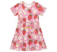 CHIFIGNO Robe d'été à col rond pour fille - Vêtements d'été pour tout-petits - Robe de fête scolaire, Fraises rouges et marguerites blanches, 5-6 Ans