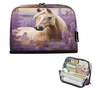 CHIFIGNO Trousse à crayons de grande capacité avec fermeture éclair - Fournitures scolaires pour adultes, garçons et filles - Motif cheval et lavande - Violet