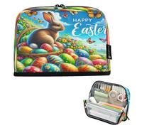 CHIFIGNO Trousse à crayons de grande capacité avec fermeture éclair - Pour adultes et garçons - Motif Happy Easter - Lapin - Œufs de lapin - Papillons - Fleurs