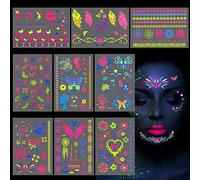 CHIFOOM 6 pcs Visage Strass Halloween Visage Tatouage Auto-Adhésif Strass Glow in the Dark Festival Gems Pierres Gemmes pour Scary Party (C-9pcs Tatouages Temporaires Néon)
