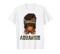 Chignon Afro Noir pour Femme désordonnée Camouflage Zodiaque Verseau Reine T-Shirt