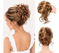 Chignon cheveux naturel bouclé ondulé extension postiche chouchou désordre synthétique pour femmes (mélange marron clair blond)