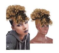 Chignon de cheveux Extensions de cheveux synthétiques crépus bouclés à clips for femme - Afro haute bouffée - Queue de cheval avec cordon de serrage avec frange - Afro court et moelleux Pièces de chig