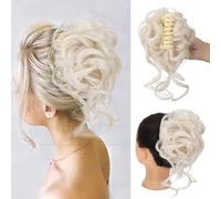 Chignon décoiffé, Perruque tête sphérique mode femme grosse poignée longue barbe cheveux bouclés en désordre Bague chignon cheveux bouclés femme sac,Chignon pour cheveux(White)