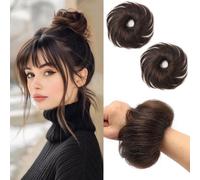 Chignon désordonné, postiche cheveux 100 % cheveux humains bouclés marron foncé chignon duveteux donut élastique cheveux humain chouchou chouchou cheveux