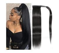 Chignon long et droit - Queue de cheval - Cheveux naturels - Queue de cheval enroulée - Barrettes à cheveux pour femmes noires - Noir naturel - 50 à 61 cm - Postiches pour femmes (20,3 à 24 pouces)