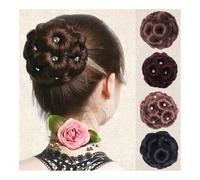 Chignon, Perruque à tête sphérique for femme avec boucle à neuf fleurs, coiffure de style cheongsam for mariée Extensions de cheveux(Burgundy)