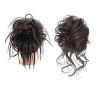 Chignon pour femme 2 pièces chignon synthétique bouclé ondulé avec bandes élastiques 2 styles de cheveux en désordre extensions de queue de cheval postiches pour femme (couleur : marron noir)