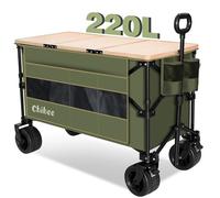Chihee Chariot de Jardin Pliable Chariot Utilitaire,Chariot de Plage Pliant Capacité 220L,Très résistant Roues Tout Terrain Pochette surdimensionnée 1 Bureau pliable2 Porte-Boissons