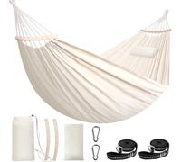 Chihee Hamac pour Support 300 x 150 cm Hamac en Coton Doux pouvant Supporter jusqu'à 300 kg Hamacs Portables pour Arbres avec Barre d'écartement Amovible Oreiller 2 Sangles Solides 2 mousquetons