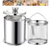 Chihee Récipient à Graisse Friteuse 2 en 1 Acier inoxydable Graisse Bacon en Acier avec Filtre à Mailles Fines Panier à friture 2L Pot à huile Boîte à Graisse avec Couvercle Assiette Plateau