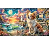 Chihuahua-by-Lighthouse-Under-Moon Puzzle pour Adultes 1000 pièces Puzzle Cadeau Amusant & Activité Maison pour Adultes et Enfants de 12 Ans et Plus Jeux éducatifs 38x26/1000 pièces