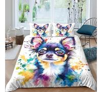 Chihuahua Chien Art Housse de Couette 3 Pièces Microfibre résistante 3D Imprimée Respirante Vibrant Watercolor Ensemble De Literie avec Fermeture Éclair Ultra Douce for Fille Double（200x200cm）