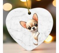 Chihuahua en forme de cœur en céramique qui regarde autour d'un coin pour sapin de Noël - Décoration de Noël amusante - Souvenir de Nouvel An pour amis